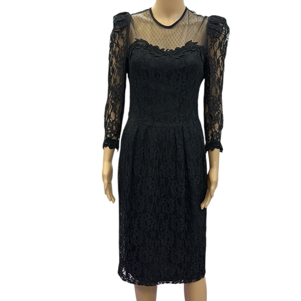 Vintage 80s Nancy Johnson Black Lace Overlay 3 Quarter Sleeve Dress Womens 10